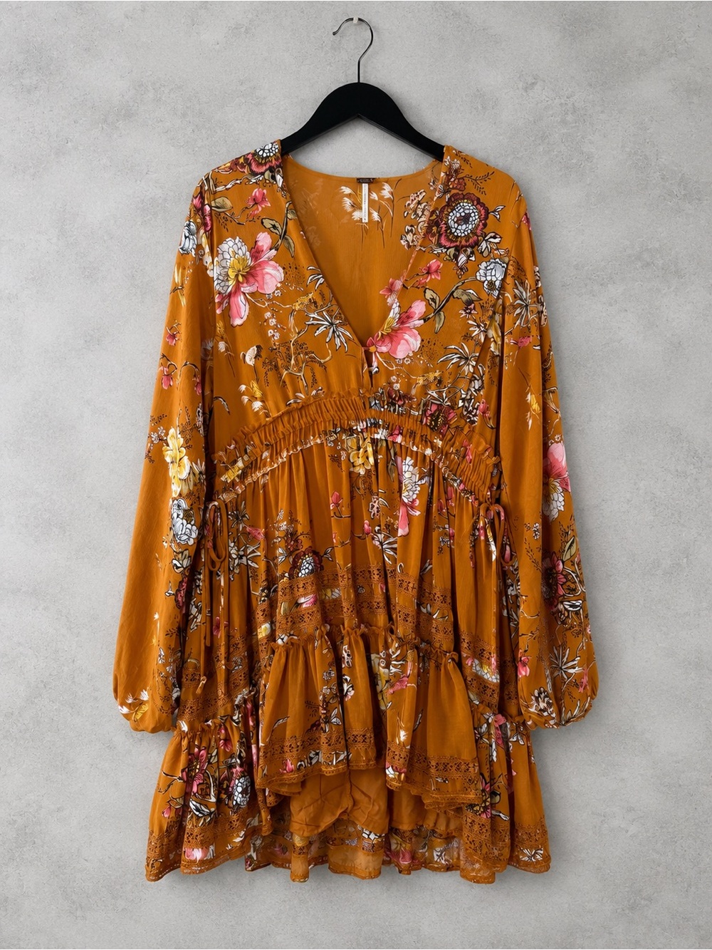 Free People Floral Boho Mini Dress Mustard Lace Trim Long Sleeve Babydoll Medium